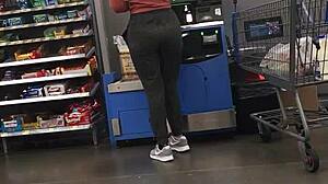 Blonde milf shows off nice ass in tight spandex for intense tease