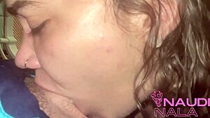 Deepthroating Mike Adriano after we first met with curly babe giving sloppy blowjob