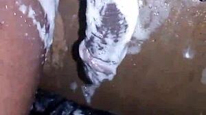 The 19-year-old boy grabbed his big black cock for a private shave. He then masturbated intensely until reaching orgasm in the quiet room.