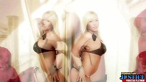 Blonde slut Austin Taylor with fake tits and muscular body takes Justice's creamy load on her face after dirty talk.