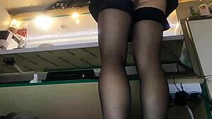 Sexy Milf With Long Legs And Big Pussy Lips Serves Guests In Mini Skirt Despite Winter Cold