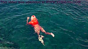 Naked Skinny Girl Flashing Shaved Pussy Outdoors in Blue Water