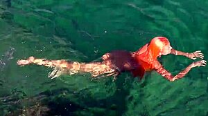 Naked Skinny Girl Flashing Shaved Pussy Outdoors in Blue Water