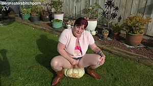Kiwi trashy milf uses massive pumpkin as a toilet seat in the back yard