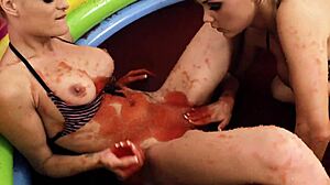 chloe conrad and leila bee masturbate in a pool of strawberry jelly? wanna see these lesbians fingering and licking pussy in fetish bath costumes