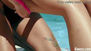 Brunette Latinas Xxlaynamarie and Roxysinner get naughty with big tits licking by the pool in lesbian fun