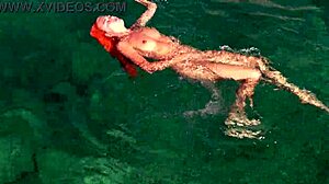 Naked Skinny Girl Flashing Shaved Pussy Outdoors in Blue Water