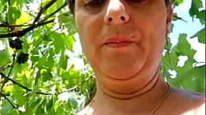 Hot blonde shows off outside the house. Her natural style shines in the fresh air.