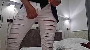 Muscular bodybuilder rips clothes for dirty talk domination with panty sniffing and huge cumshot