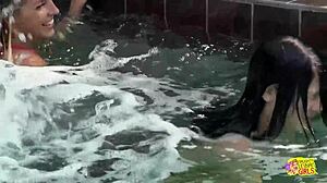 Pretty blonde and big titted brunette babes in bikini