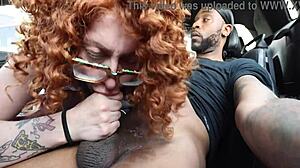 white girl deepthroat gagging on big black cock in car