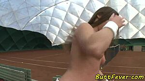 Euro babe feels intense thrill from anal spitroast on tennis court.