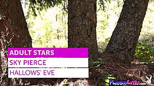 petite canadian blondie sky pierce strips nude for halloween in forest