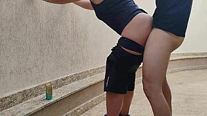 Sapatão Muscular Lesbian Loses Bet on Palmeiras and Gives Asshole Creampie to Male Roommate in Outdoor Teasing Shorts