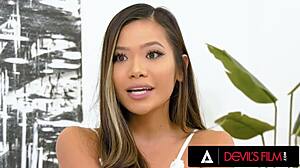 in devils film, nympho girl vina sky shows her skills. she rides that interracial cock like a cowgirl after anal fingering and rough pov sex.