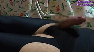 ガーターストッキング穿いて水着のクロッチでオナニーしてそのまま射精 In First Time Leggings And Nylon Solo