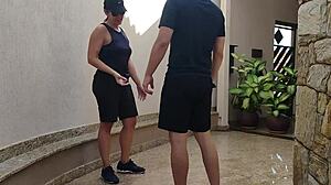 Sapatão Muscular Lesbian Loses Bet on Palmeiras and Gives Asshole Creampie to Male Roommate in Outdoor Teasing Shorts