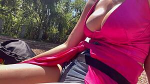 Why is Italian big tits milf Artemisia Love flashing her boobs outdoors in the woods for fetish fun?