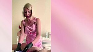 in a hospital setting a russian blonde nurse in latex gloves gives her patient a kinky handjob. she makes him cum hard with her petite body