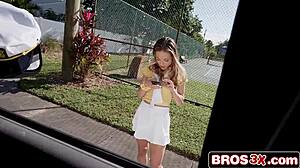 Athletic tennis babe gets picked up for deepthroat blowjob. Then hardcore assfucking follows as cash reward.