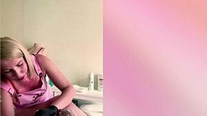 in a hospital setting a russian blonde nurse in latex gloves gives her patient a kinky handjob. she makes him cum hard with her petite body