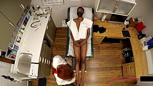 Soccer Stars Sports Physical with Brunette Nurse Tickling Feet in Hospital Latex Gloves