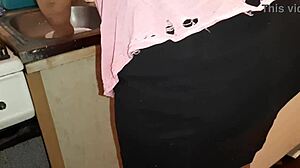 I secretly masturbate next to stepmom in kitchen wearing jeans and miniskirt 😏