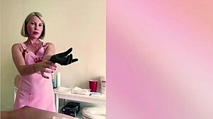 in a hospital setting a russian blonde nurse in latex gloves gives her patient a kinky handjob. she makes him cum hard with her petite body