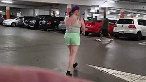 Trashy kiwi slut boldly flashes pierced pussy and tattoos in mall and on busy public street outdoors.