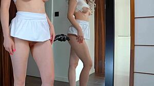 Hot Blonde Gets Impaled On Black Dildo On Mirror While Tries On Sexy Skirts