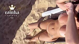 Brazilian Hotwife Flashes Big Tits Testing Liquid Gel Vibrator Nude on Nudist Beach