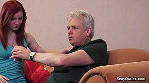 Young redhead boldly rides and fucks elderly man hard