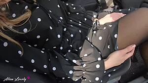 Blonde girlfriend in stockings gives close-up blowjob and swallows cum in public park car