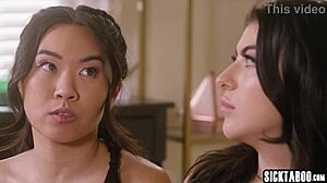 Horny milf spanks and licks petite sitter's big ass and pussy. They enjoy threesome with another teen in hardcore lesbian action.