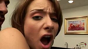 Brunette chick bends over for double penetration. Two hung guys fill her tight ass with creampie cum twice.