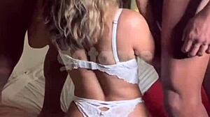 I watch my hotwife gataaasp in interracial gangbang with 3 black cocks banging her pussy quickie-style.