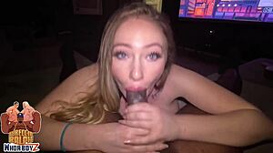 Slutty Canadian pawg sucks and fucks big black cock during movie night swallowing cum load