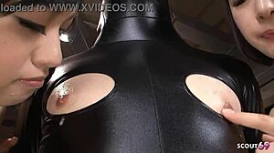 Double Femdom Blowjob by Two Asian Girls for Old Masked Men in Leather Outfit at Uncensored JAV Porn!