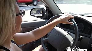 horny milf jacky joy lets a lucky man shoot his load on her big titties after blowjob