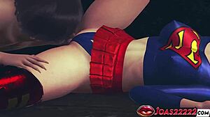 Superwoman gets seduced in the park with passionate kisses and pussy licking. Intense anal vibrator brings big ass squirting orgasm in 3D hentai.