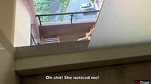 Horny brunette neighbor masturbates on balcony while pervert watches, leading to rough anal sex and facial cumshot with Katty West.