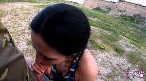 Brunette girlfriend gives pov blowjob outdoors in the middle of nowhere, swallowing cum in her mouth.