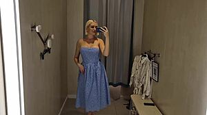 hey, trying on see-through clothes in the shopping mall changing room, total public fetish vibe