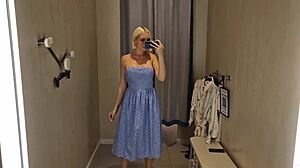 hey, trying on see-through clothes in the shopping mall changing room, total public fetish vibe