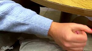 Watch this cute babe spit and deepthroat my big cock in public toilet after sneaky handjob under fast food table!