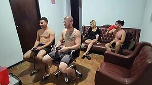 Friends play video game turning into bareback anal fucking with big cock.