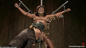 Device Bondage Features Blonde And Ebony In Bizarre Interracial Lezdom With Dildo Choking