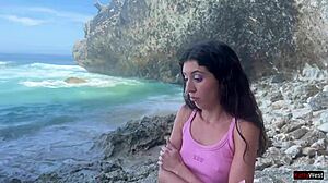 Stuck on a desert island, this skinny teen 18+ babe gets fucked outdoors by a stranger until creampie.