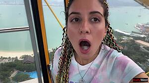 public dick flashing with brunette pigtails girl handjob blowjob cum swallow on ferris wheel