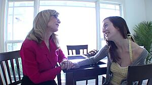 Milf Nina Hartley seduces Ally Evans in bed for pussy licking and anal fingering with gaping asshole in fishnets and heels